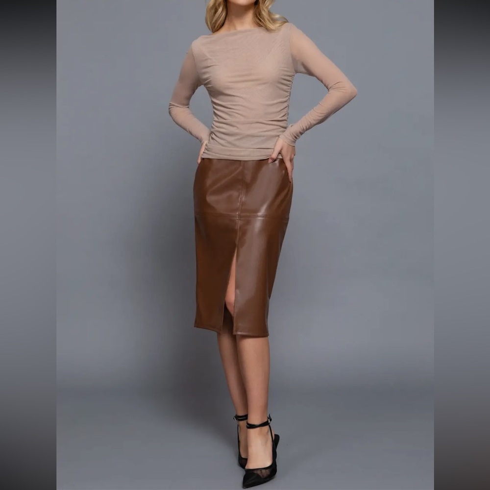 RESTOCKED Faux Leather Front Slit Midi Skirt